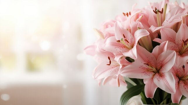 A beautiful bouquet of pink lilies arranged elegantly, basking in soft natural light, represents grace, beauty, and tranquility in a serene setting.