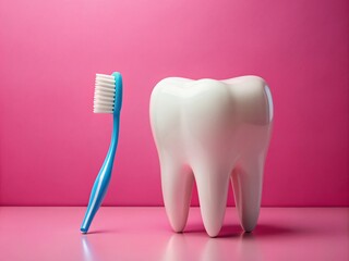 White Healthy Tooth Model with Toothbrush on Pink Background for Dental Care and Hygiene Promotion