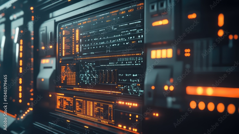 Poster futuristic data interface with neon lights and advanced technology elements for modern computing env