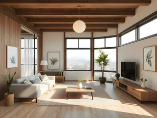 Fototapeta premium Contemporary living room with an outdoor view.