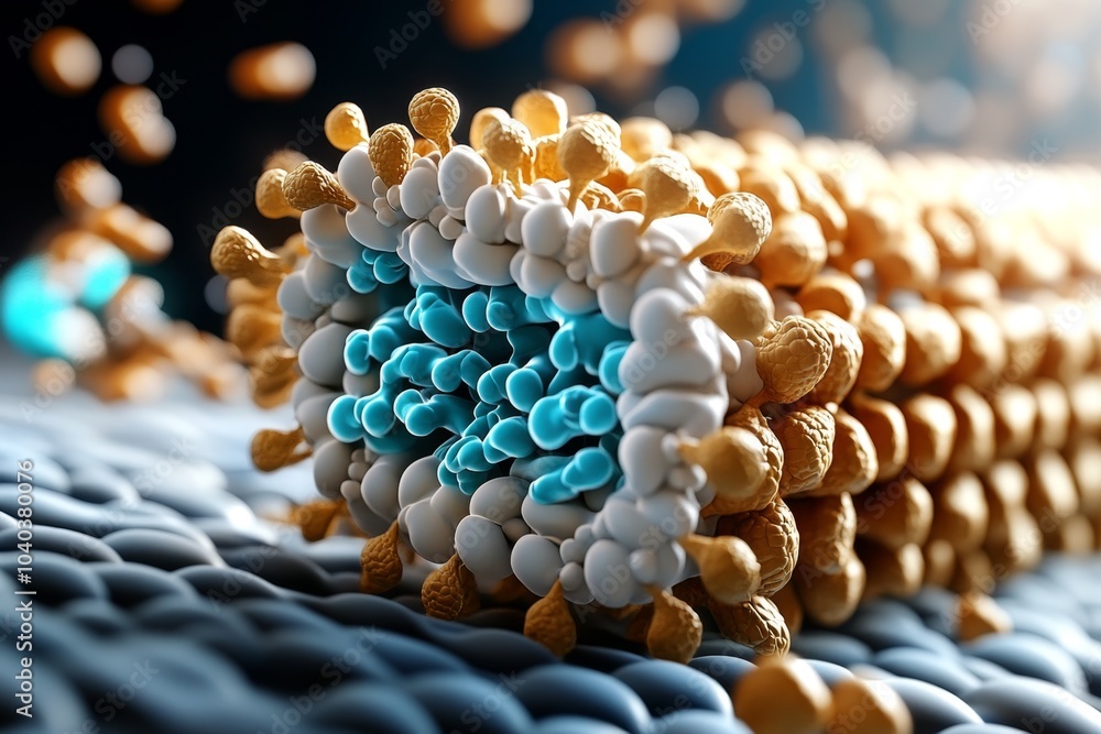 Poster Detailed view of the phospholipid bilayer, with proteins and ion channels embedded in the membrane, showing the dynamic structure of the cell boundary