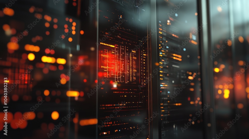 Poster futuristic digital interface displaying complex data patterns with orange highlights in a high-tech 