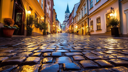 A serene cobblestone street is illuminated by soft lantern light, showcasing historic buildings as...