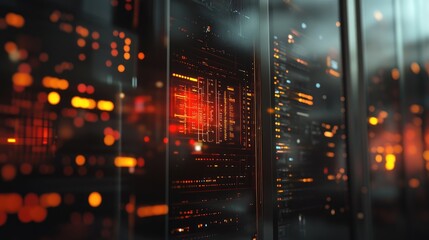 Futuristic digital interface displaying complex data patterns with orange highlights in a high-tech environment