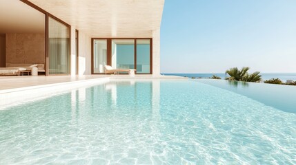 A luxurious infinity pool offers a breathtaking panoramic view of the ocean, complemented by contemporary architecture, creating a haven of peace and tranquility.