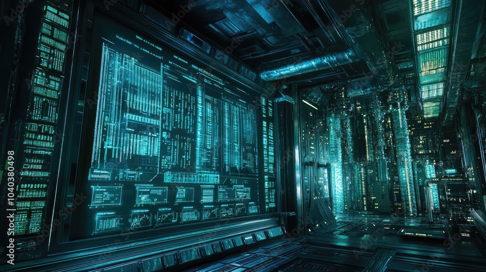 Poster exploring the futuristic interface of a high-tech data center with neon luminescence and digital vis
