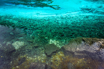 Five colours pond at Jiuzhaigou National Park, Sichuan, China.