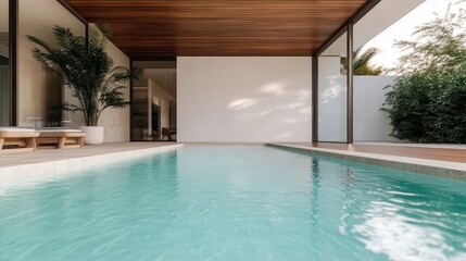 A sleek poolside area defined by modern furnishings, bringing together styles of contemporary outdoor living, simplicity, and elegance amidst a backdrop of lush greenery.