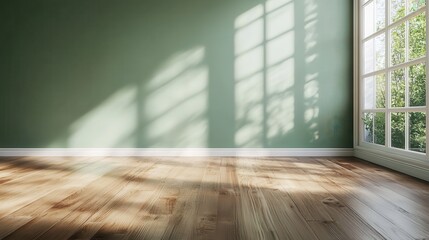 An empty yet inviting room exuding warmth from sunlit wooden floors, creating a serene and airy atmosphere, ideal for reflecting and unwinding in peaceful solitude.