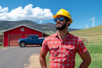 Obraz premium Engineer in a hard hat inspecting wind turbines, showcasing the combination of mechanical engineering and renewable energy