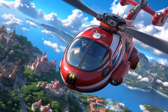 Engineer building a fantastical flying machine, with whimsical designs, gears, and propellers that look like something out of a fantasy world