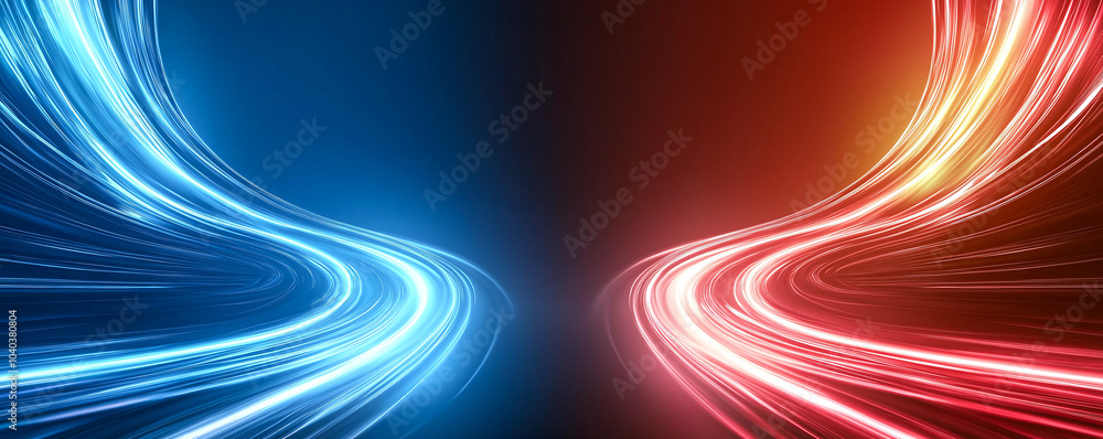 Poster dynamic abstract digital design featuring vibrant blue and red neon light trails creating sense of m