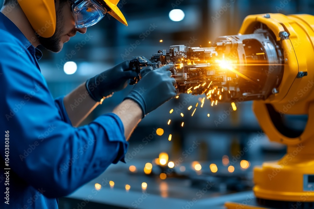 Poster Engineer working with a robotic arm, adjusting its components in a high-tech laboratory filled with industrial equipment