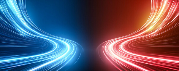 Dynamic abstract digital design featuring vibrant blue and red neon light trails creating sense of movement and energy. This visually striking image evokes feeling of speed and modernity