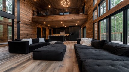 Spacious modern rustic living room with wood accents, high ceiling, large windows, stylish chandelier, cozy black sofas, and forest views, creating a warm, inviting space.
