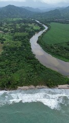 Aerial photo of Palomino beach in Colombia. Palomino river flowing into the sea. Touristic place...