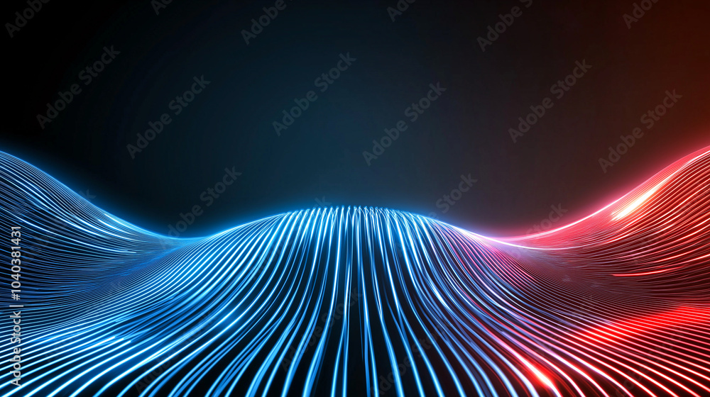 Poster dynamic blue and red neon light beams create abstract wave pattern, evoking sense of energy and move