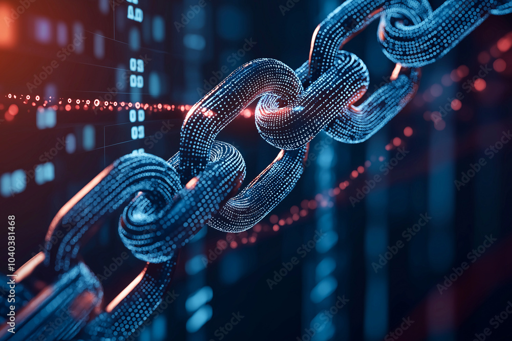 Poster digital chains symbolize connectivity and security in cyberspace, showcasing intricate links made of