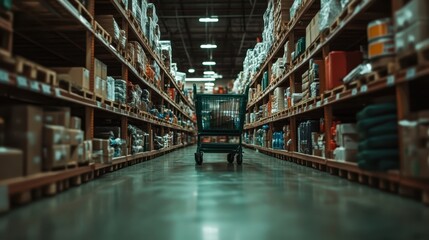 An empty shopping cart in the center of a vast warehouse aisle filled with merchandise stock, emphasizing organizational storage and extensive inventory management.