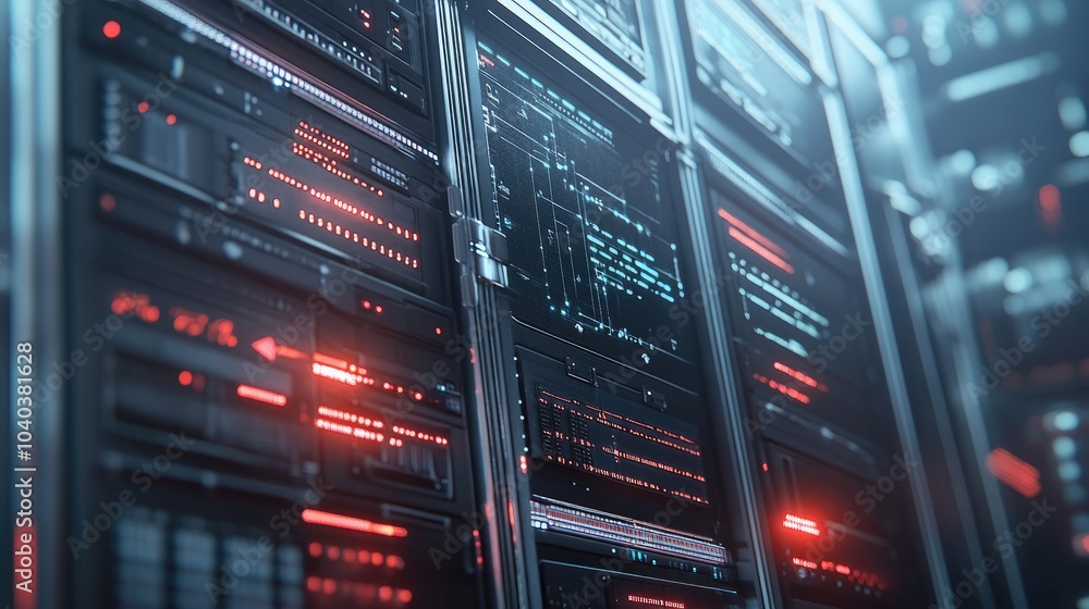 Poster exploring the futuristic design of server racks in data centers a visual insight into technology inf