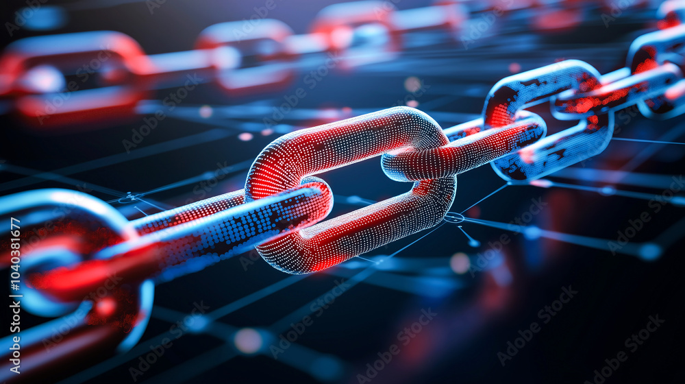 Poster glowing chain of interconnected links in red and blue colors symbolizes strength and connectivity in