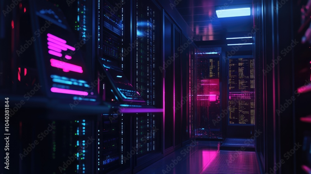 Poster Exploring the futuristic data center a glimpse into technology's heart with neon lights and advanced infrastructure