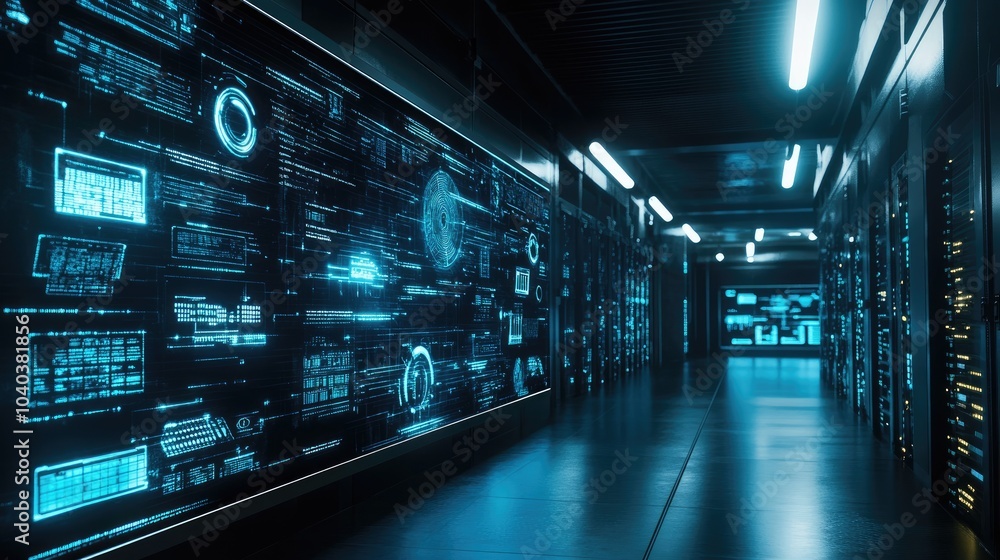 Poster futuristic data center a glimpse into high-tech infrastructure and digital innovation