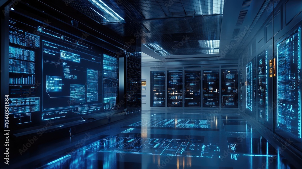 Poster exploring the future of data management in a high-tech server room with advanced digital interfaces 
