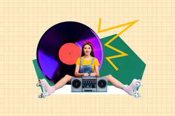 Creative collage picture young cheerful girl entertainment party audio music player cassette stereo...