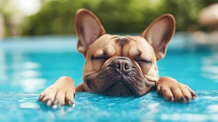 A serene image of a French bulldog with closed eyes, floating peacefully in the pool, enveloped by the calming blue water, embodying relaxation and bliss.