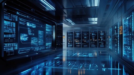 Exploring the future of data management in a high-tech server room with advanced digital interfaces and systems