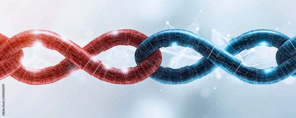 Poster modern design of intertwined red and blue chains, symbolizing connection and unity. sleek, futuristi
