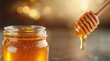 A captivating view of honey dripping from a wooden dipper, set against a background of warm golden light, highlighting the purity and richness of the honey.