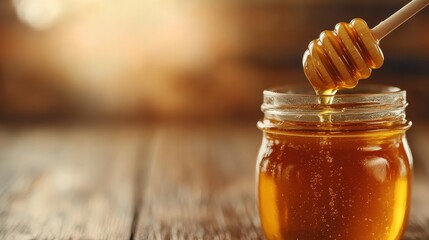 A beautiful jar of warm-toned honey with a dipper, resting on a rustic wooden surface, radiates warmth and showcases the sweetness of natural honey.