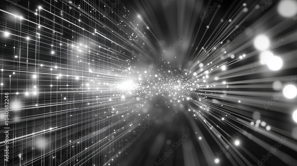 Poster A futuristic 3D render of an abstract digital network with glowing dots and light rays against a black backdrop. The scene showcases a complex, high-tech structure of geometric grids and white data fl