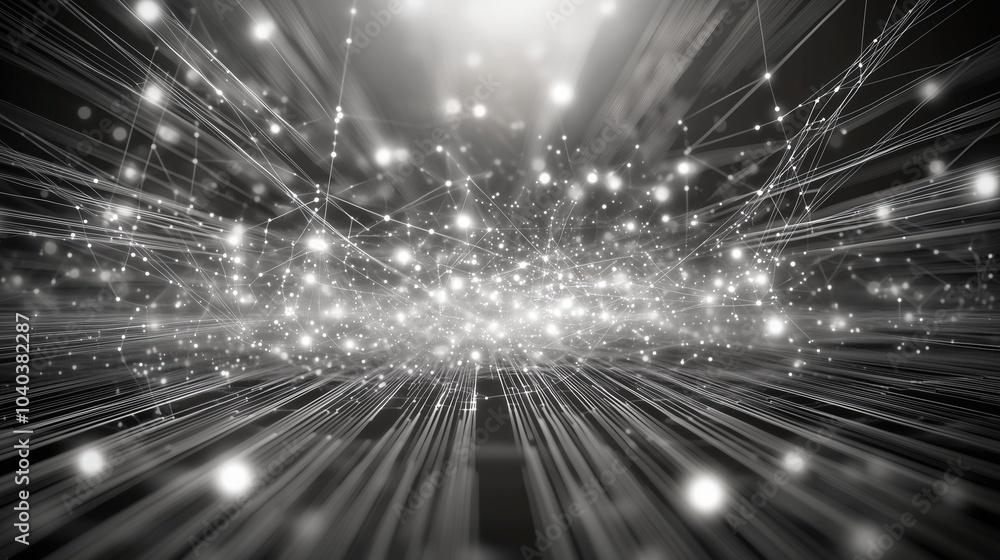 Poster A futuristic 3D render of an abstract digital network with glowing dots and light rays against a black backdrop. The scene showcases a complex, high-tech structure of geometric grids and white data fl