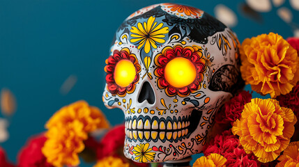 Colorful sugar skull with glowing eyes surrounded by marigold flowers, creating vibrant and festive atmosphere. This striking decoration embodies spirit of celebration and remembrance