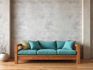 Turquoise couch against a gray wall with minimal decor.