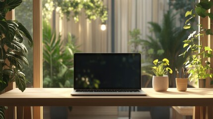 Fototapeta premium A sleek laptop rests on a wooden desk, surrounded by vibrant plants, in a bright and inviting workspace filled with natural light. Generative AI