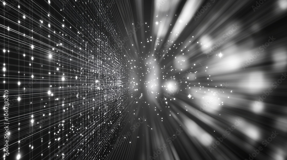Poster A futuristic 3D render of an abstract digital network with glowing dots and light rays against a black backdrop. The scene showcases a complex, high-tech structure of geometric grids and white data fl
