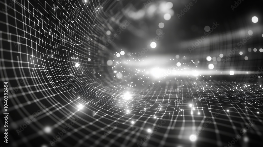 Poster A futuristic 3D render of an abstract digital network with glowing dots and light rays against a black backdrop. The scene showcases a complex, high-tech structure of geometric grids and white data fl