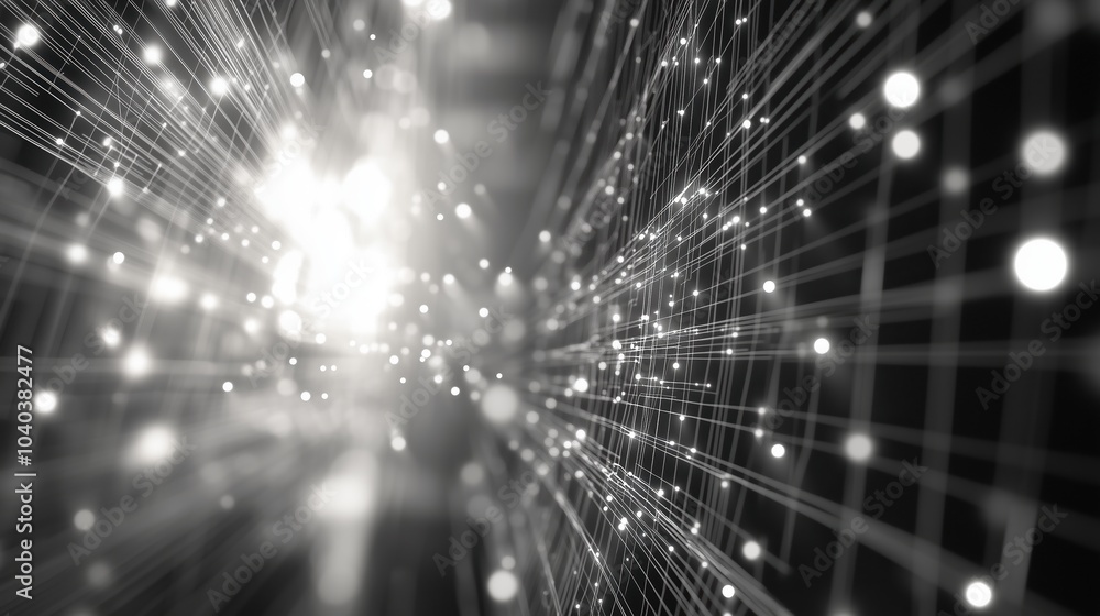 Poster A futuristic 3D render of an abstract digital network with glowing dots and light rays against a black backdrop. The scene showcases a complex, high-tech structure of geometric grids and white data fl