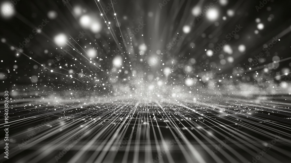 Poster A futuristic 3D render of an abstract digital network with glowing dots and light rays against a black backdrop. The scene showcases a complex, high-tech structure of geometric grids and white data fl