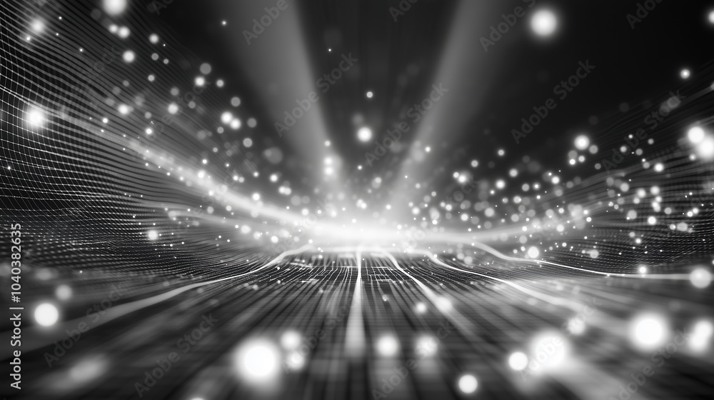 Poster A futuristic 3D render of an abstract digital network with glowing dots and light rays against a black backdrop. The scene showcases a complex, high-tech structure of geometric grids and white data fl