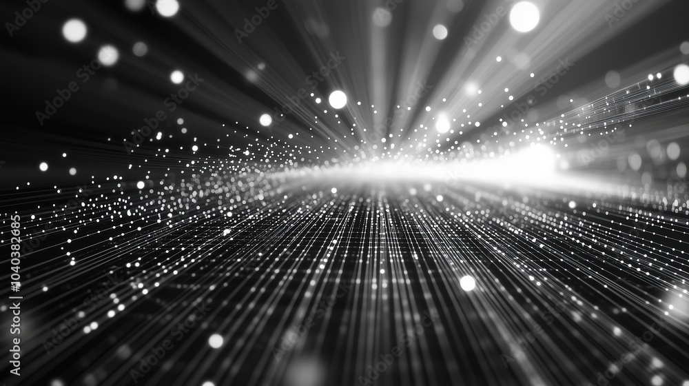 Poster A futuristic 3D render of an abstract digital network with glowing dots and light rays against a black backdrop. The scene showcases a complex, high-tech structure of geometric grids and white data fl
