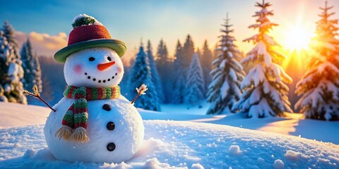 Fototapeta premium Winter Wonderland Snowman in Snowy Landscape for Seasonal Decor and Holiday Themes