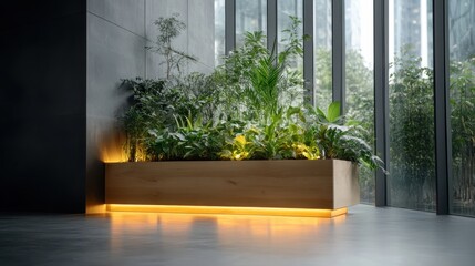 A contemporary planter box filled with vibrant greenery sits by window, basking in natural light, creating a tranquil indoor garden atmosphere within modern architecture.
