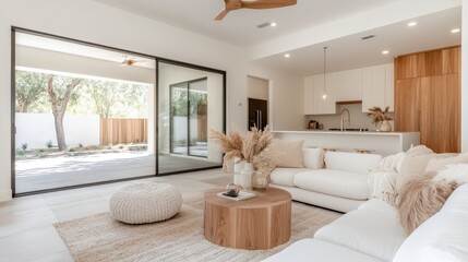 A serene minimalist living room bathed in natural light, adorned with a plush white sofa and wooden accents, exemplifying modern interior design and tranquility.