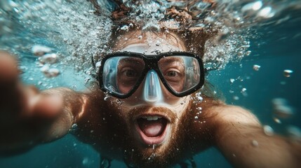 A bearded scuba diver joyfully takes an underwater selfie, capturing the essence of fun and exploration, showcasing the exciting nature of oceanic adventures and freedom.