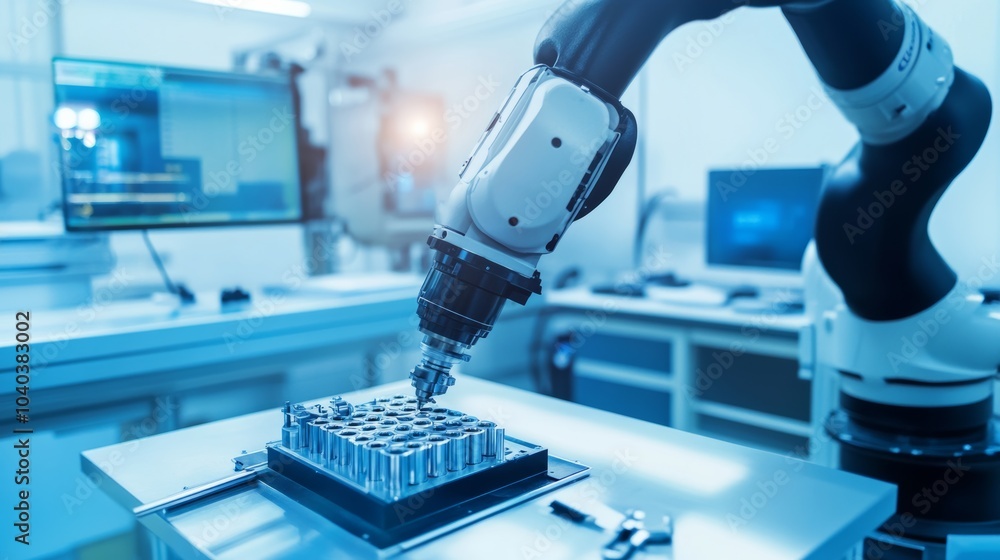 Poster An advanced robotic arm assembling delicate optical components in a clean optics lab, precise and high-tech environment with a focus on optical engineering, Precision style